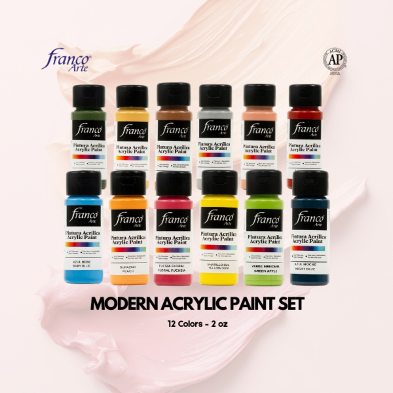 Acrylic Paint Set, 12 Modern Colors, 2oz Bottles – Franco Arte Kit